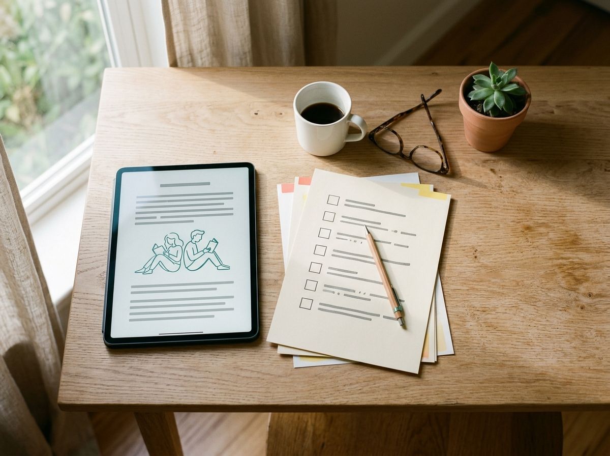 A tablet with an open ebook, printed pages with a checklist and a cup of coffee on a wooden desk.
